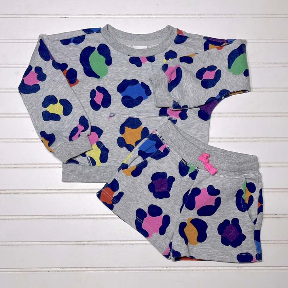 SPOTTED ZEBRA EUC Colorful Neon Animal Print Crewneck Sweatshirt Shorts Set